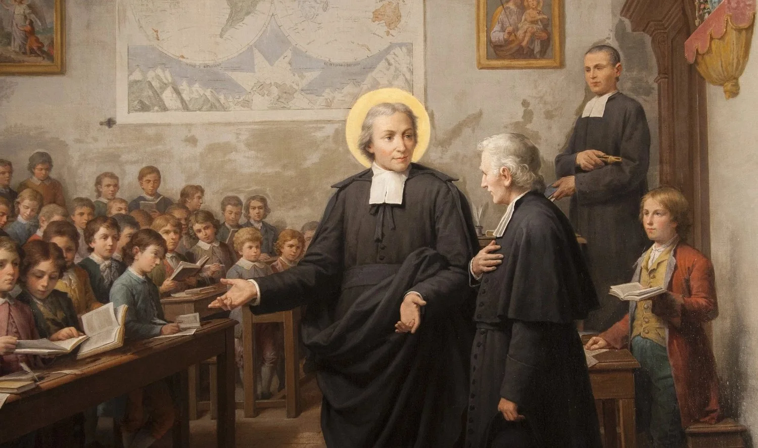 Historic painting of Saint John Baptist de La Salle with pupils and Brothers